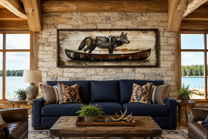 Rustic Wolf In Canoe Long Horizontal Framed Canvas Wall Art