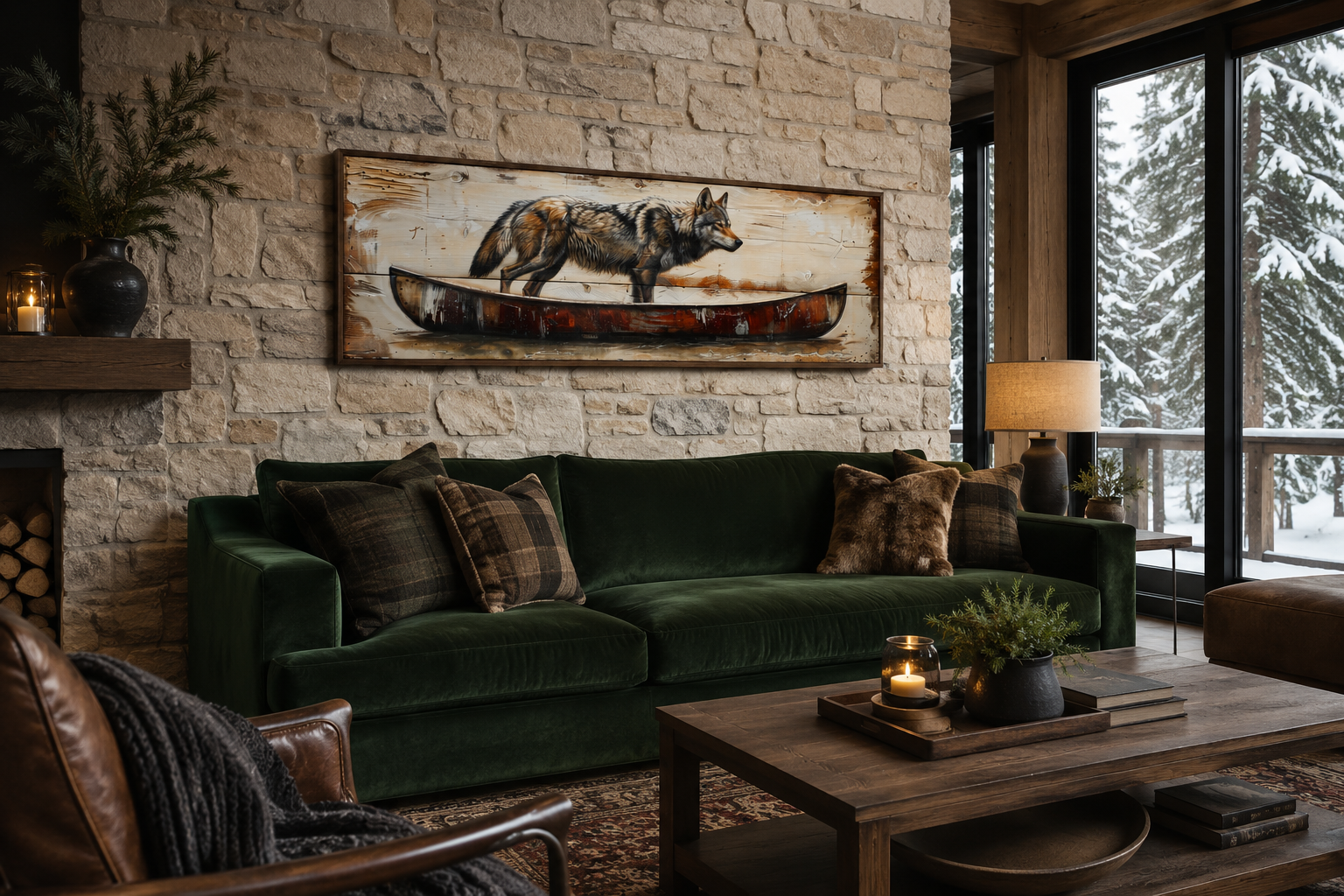 Rustic Wolf In Canoe Long Horizontal Framed Canvas Wall Art