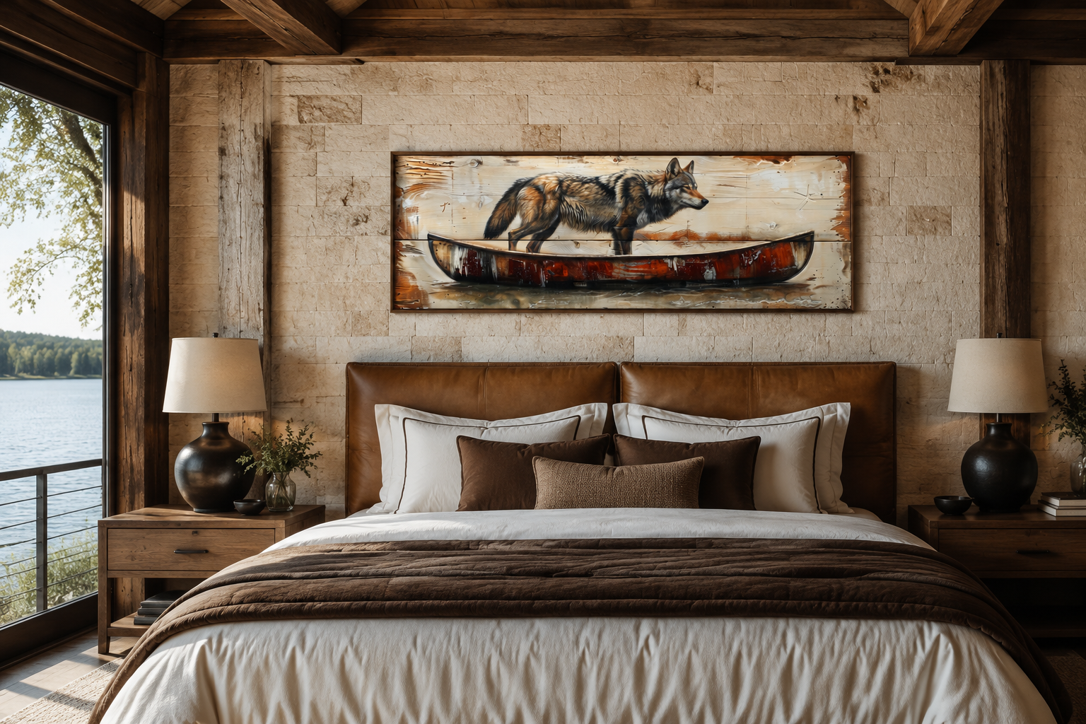 Rustic Wolf In Canoe Long Horizontal Framed Canvas Wall Art