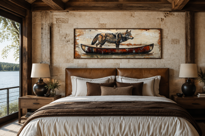 Rustic Wolf In Canoe Long Horizontal Framed Canvas Wall Art