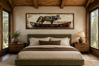 Rustic Wolf In Canoe Long Horizontal Framed Canvas Wall Art