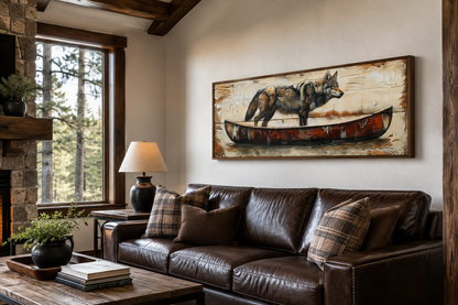 Rustic Wolf In Canoe Long Horizontal Framed Canvas Wall Art