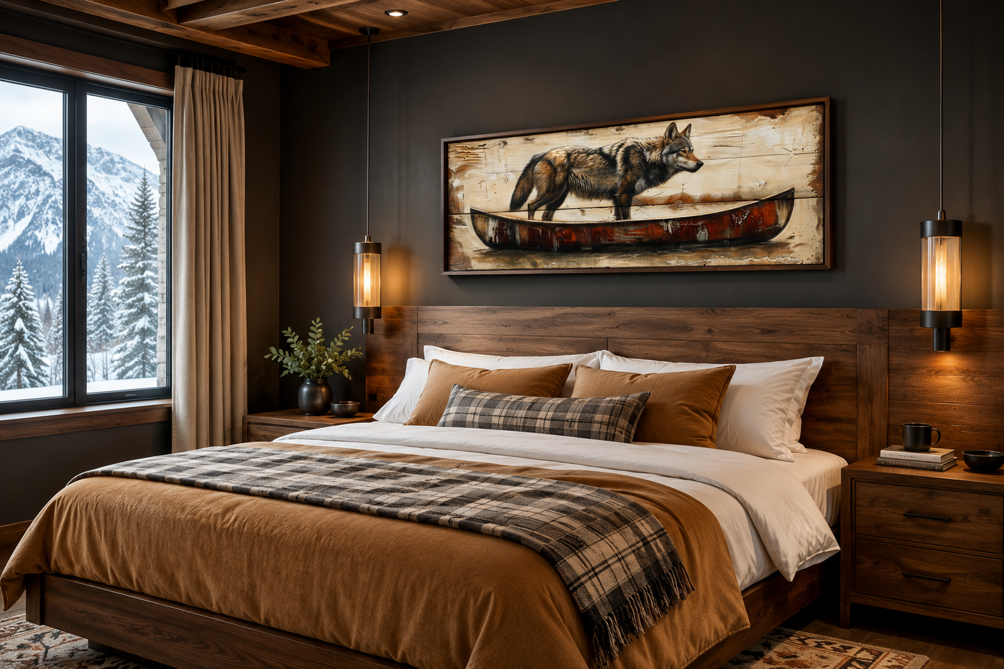 Rustic Wolf In Canoe Long Horizontal Framed Canvas Wall Art