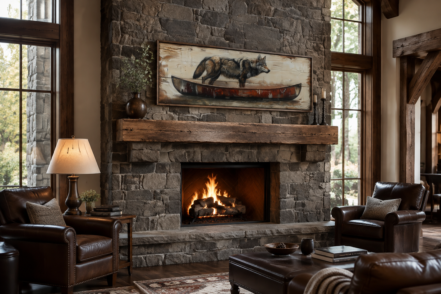 Rustic Wolf In Canoe Long Horizontal Framed Canvas Wall Art