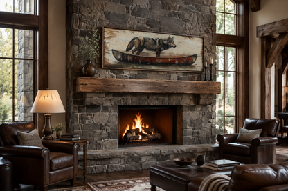 Rustic Wolf In Canoe Long Horizontal Framed Canvas Wall Art