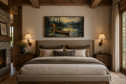 Lake House And Rustic Wooden Canoe Canvas Wall Art for Lake House Decor