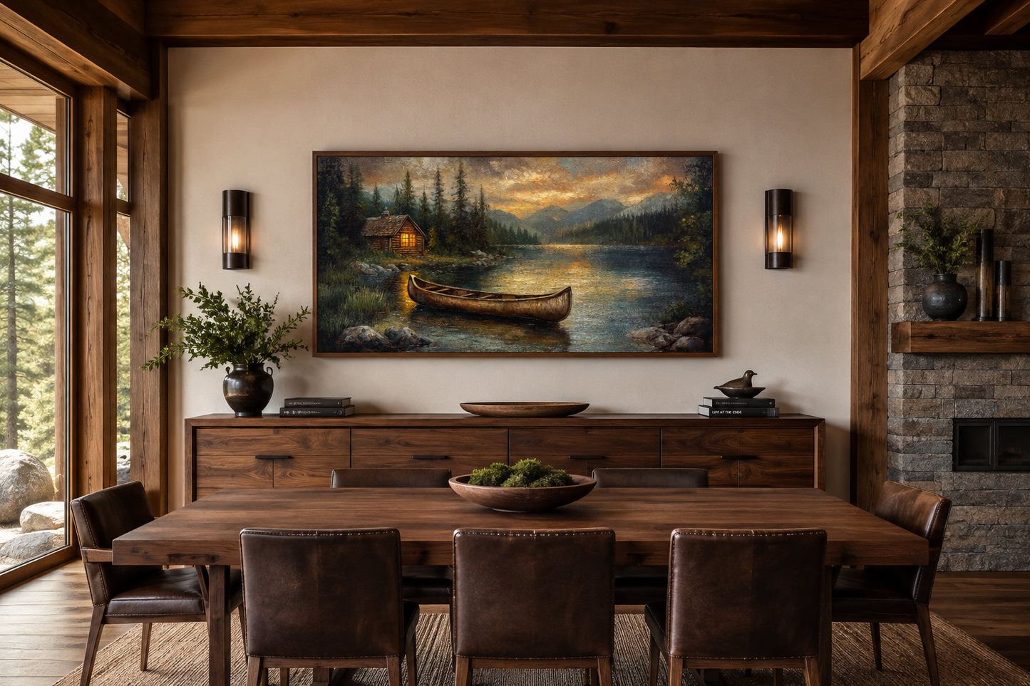 Lake House And Rustic Wooden Canoe Canvas Wall Art for Lake House Decor