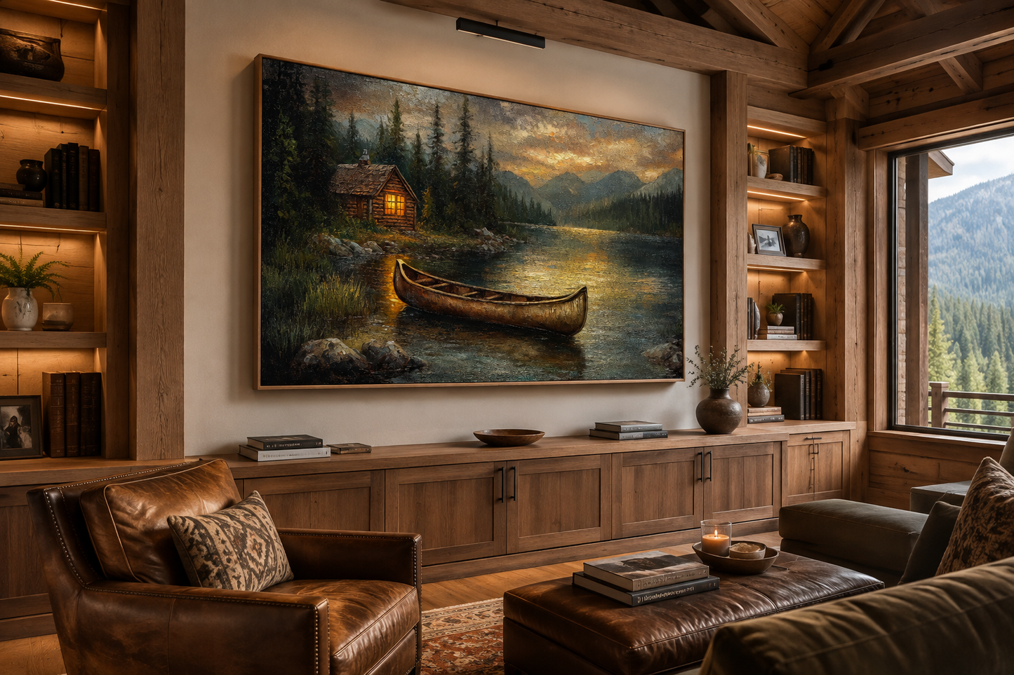 Lake House And Rustic Wooden Canoe Canvas Wall Art for Lake House Decor