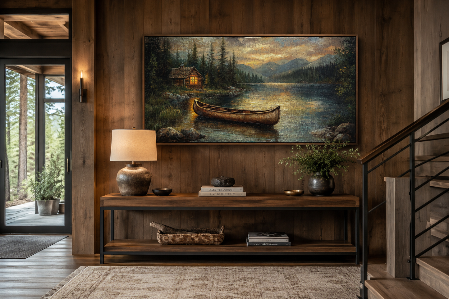 Lake House And Rustic Wooden Canoe Canvas Wall Art for Lake House Decor