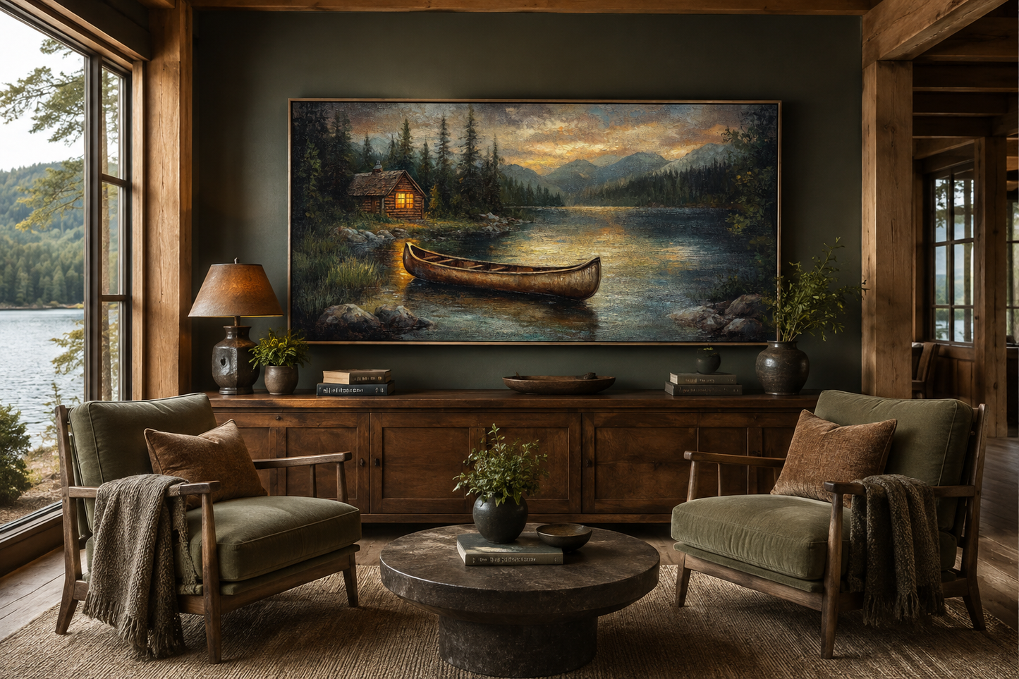 Lake House And Rustic Wooden Canoe Canvas Wall Art for Lake House Decor