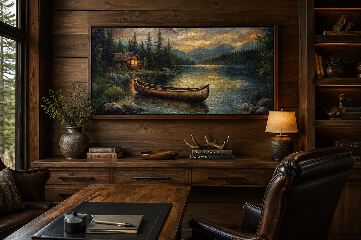 Lake House And Rustic Wooden Canoe Canvas Wall Art for Lake House Decor