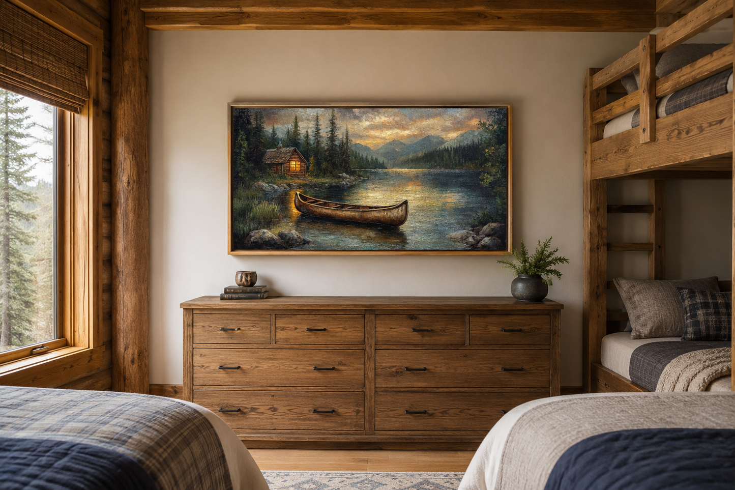 Lake House And Rustic Wooden Canoe Canvas Wall Art for Lake House Decor