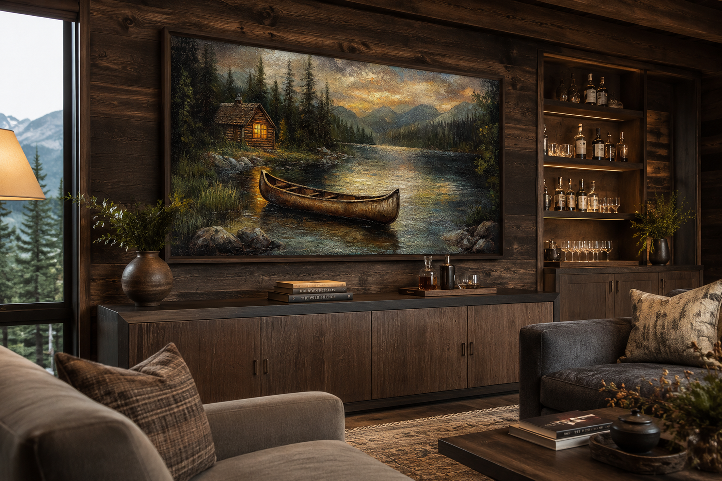 Lake House And Rustic Wooden Canoe Canvas Wall Art for Lake House Decor