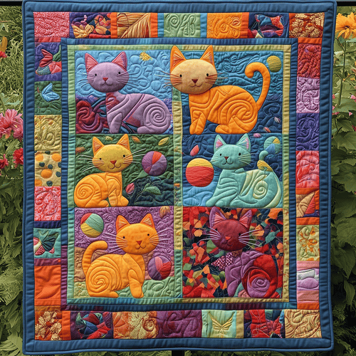 Yarn Chasing Cats Quilted Blanket - Throw (55" x 60")