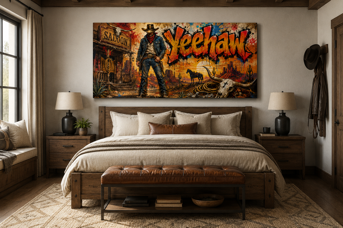 Graffiti Cowboy Yeehaw Western Framed Canvas Wall Art For Man Cave Decor