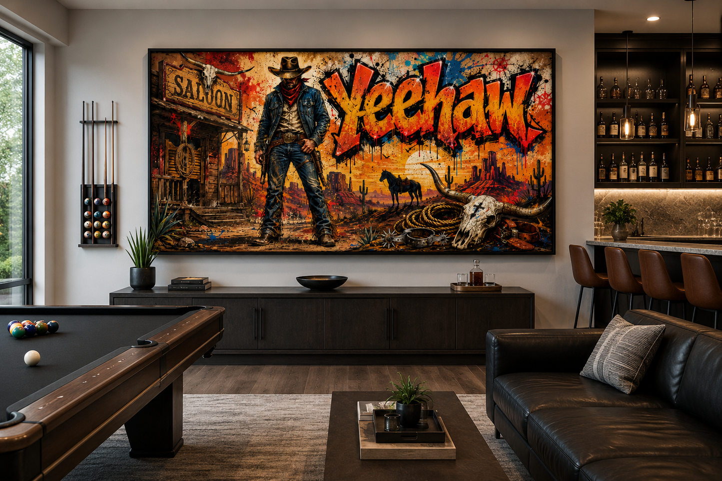 Graffiti Cowboy Yeehaw Western Framed Canvas Wall Art For Man Cave Decor
