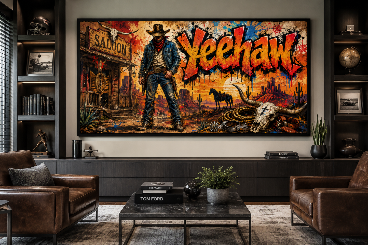 Graffiti Cowboy Yeehaw Western Framed Canvas Wall Art For Man Cave Decor
