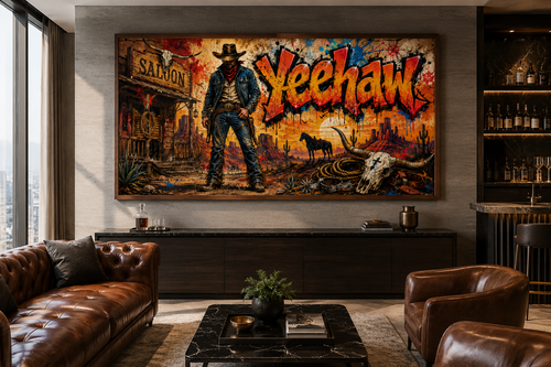 Graffiti Cowboy Yeehaw Western Framed Canvas Wall Art For Man Cave Decor