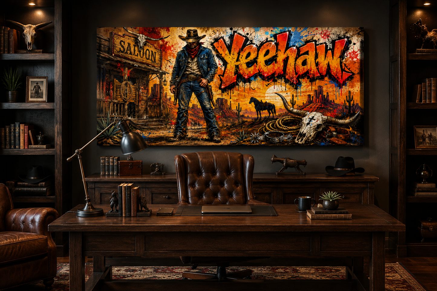 Graffiti Cowboy Yeehaw Western Framed Canvas Wall Art For Man Cave Decor