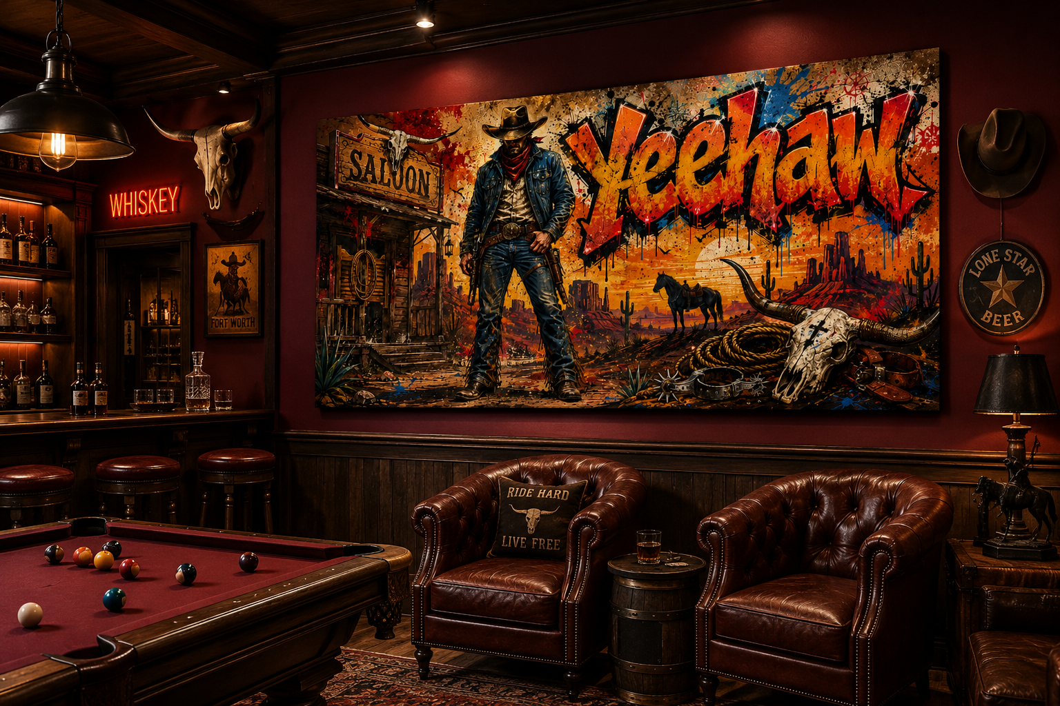 Graffiti Cowboy Yeehaw Western Framed Canvas Wall Art For Man Cave Decor