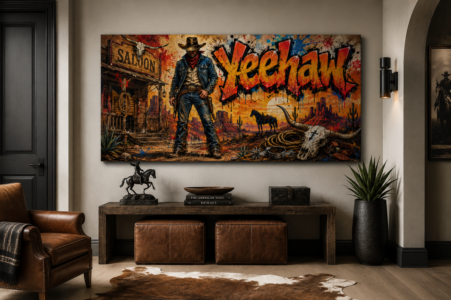 Graffiti Cowboy Yeehaw Western Framed Canvas Wall Art For Man Cave Decor