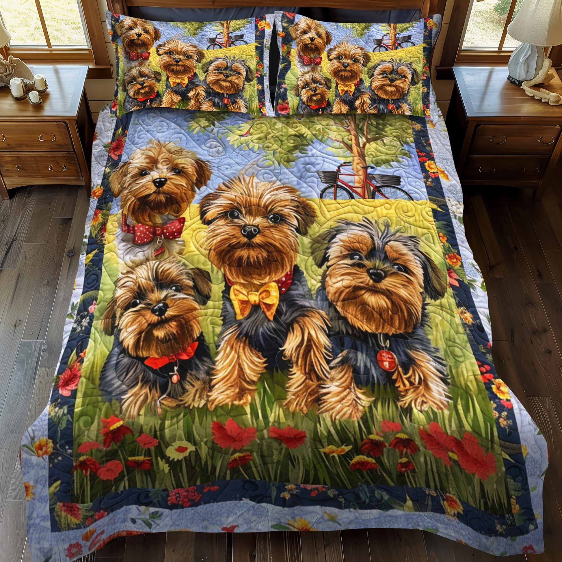 Yorkie Quartet 3-Piece Quilted Bedding Set - Single (59" x 70")
