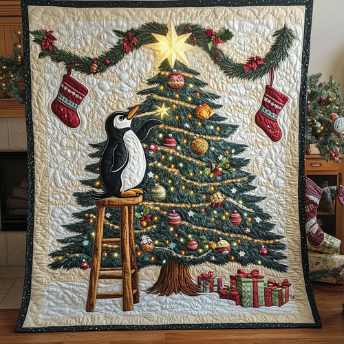 A Penguin's Christmas Tree Quilt Blanket