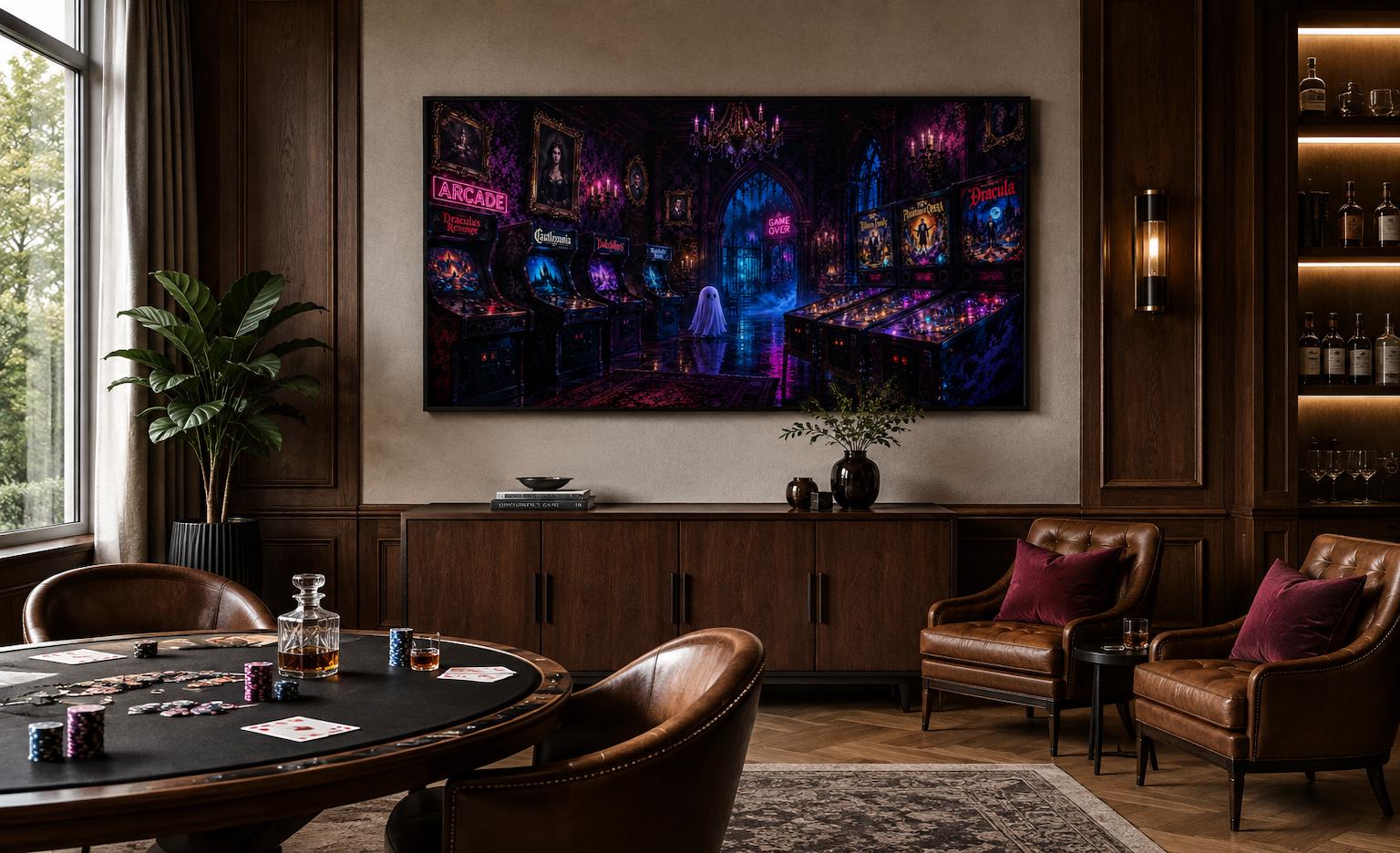Spooky Halloween Arcade with Ghost and Pinball Machines in Neon Purple, Man Cave Game Room Wall Art