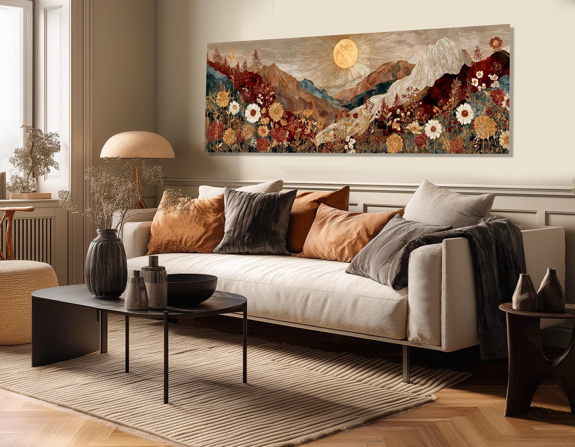 Boho Mountain Landscape – Wildflower Canvas Print | Framed Floating Frame Canvas