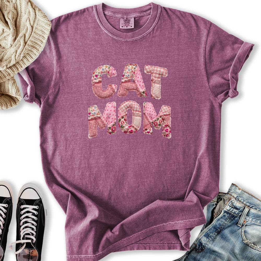 Pink Faux Patchwork Cat Relaxed Tee