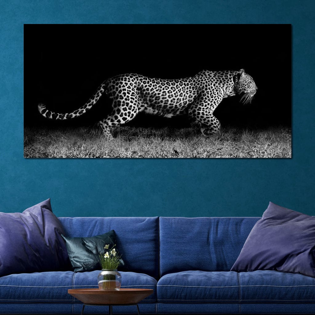 Black and White Jaguar Running Canvas Wall Art