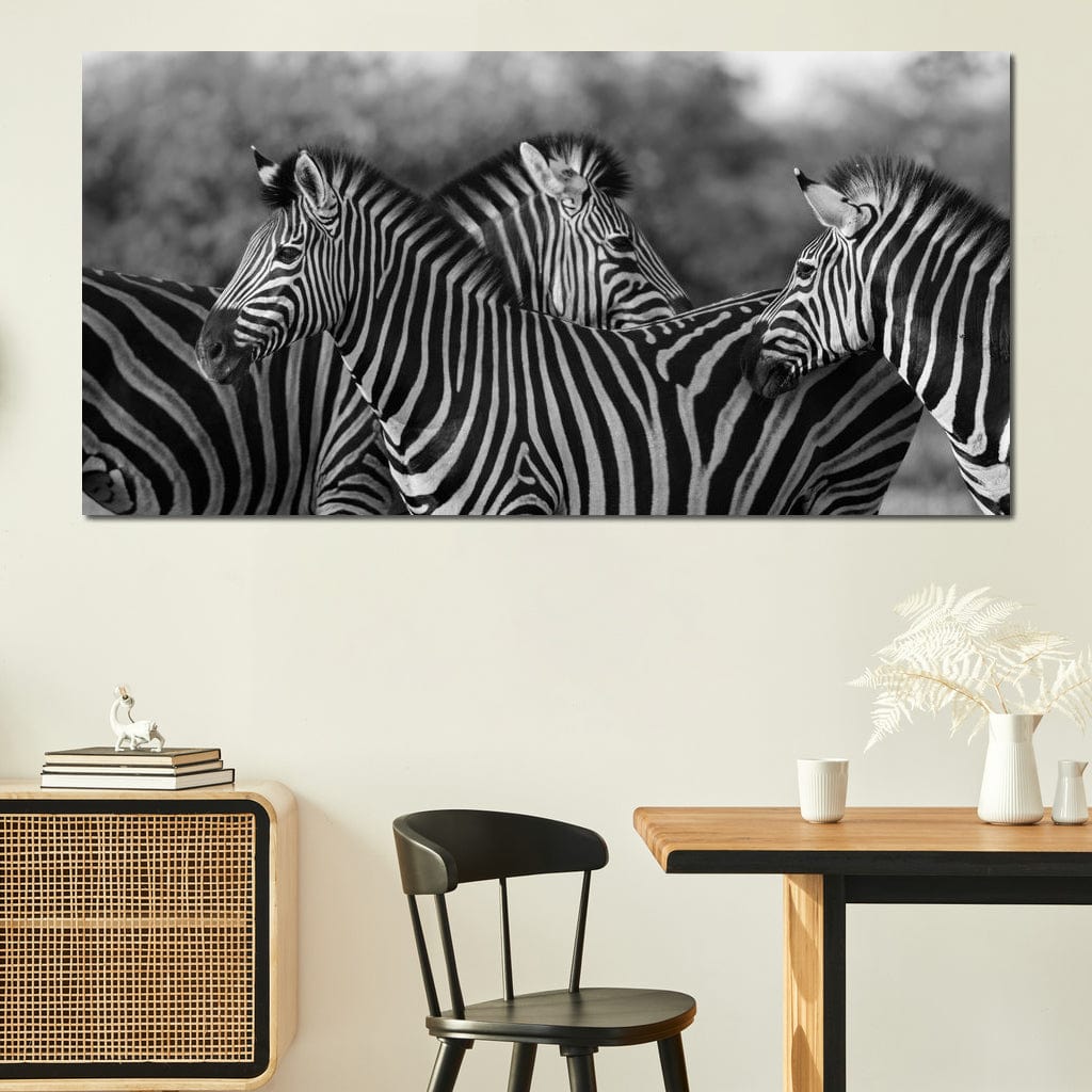 Zebra Herd in Black & White Canvas Wall Art