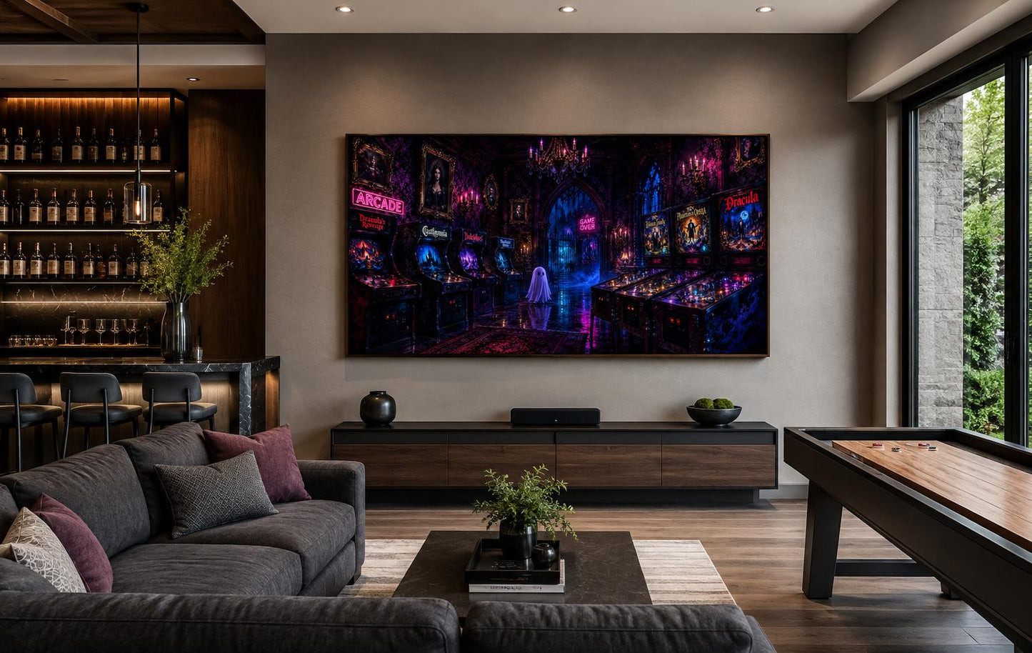 Spooky Halloween Arcade with Ghost and Pinball Machines in Neon Purple, Man Cave Game Room Wall Art