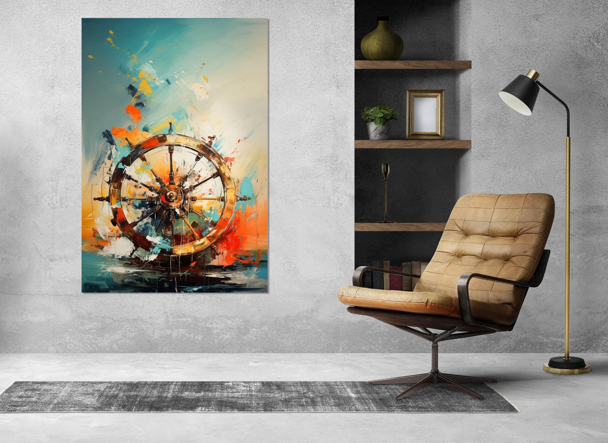 Abstract Ship Wheel Canvas | Framed Helm Painting - Nautical Wall Art Ready to Hang