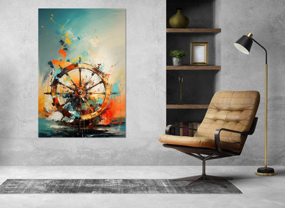 Abstract Ship Wheel Canvas | Framed Helm Painting - Nautical Wall Art Ready to Hang