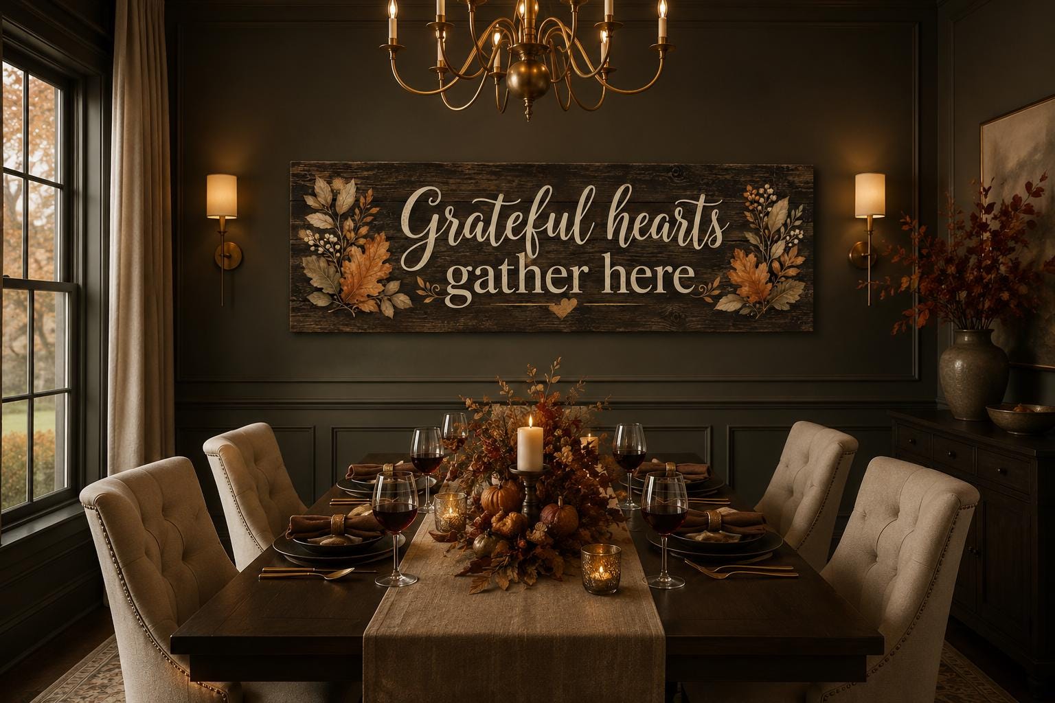 Grateful Hearts Gather Here Thanksgiving Fall Farmhouse Sign For Dining Room Canvas Wall Art