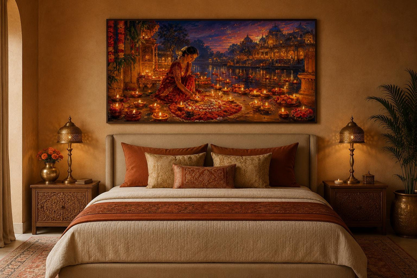 Diwali Canvas Wall Art - Woman Lighting Diyas Indian Festival Painting | Living Room Decor
