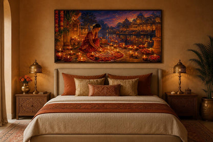 Diwali Canvas Wall Art - Woman Lighting Diyas Indian Festival Painting | Living Room Decor