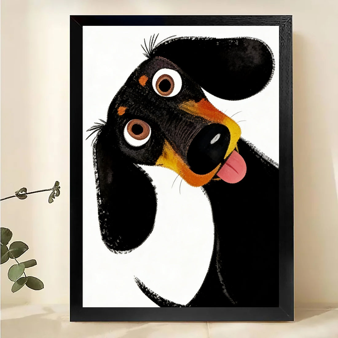 Playful Black Dog Art Print – Framed Canvas Wall Decor