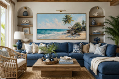 Tropical Beach with Palm Trees and Turquoise Waves, Coastal Wall Art