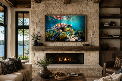Sea Turtle In Coral Reef Underwater Canvas Wall Art
