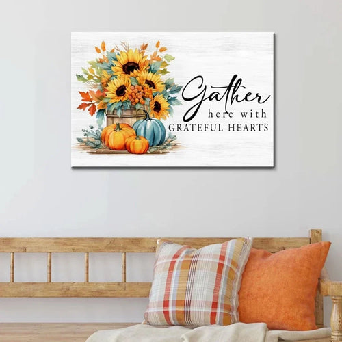 gather here with grateful hearts fall wall art canvas (Landscape)