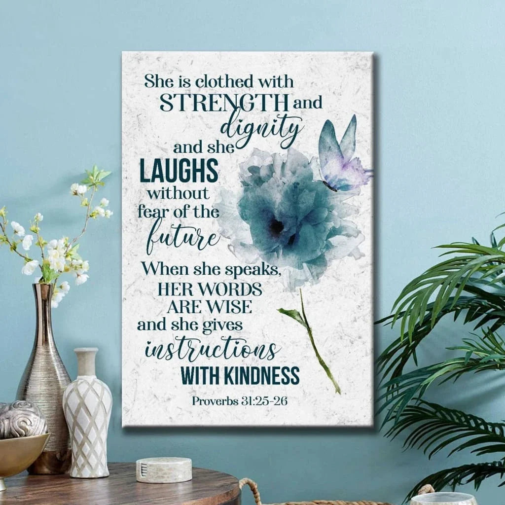 proverbs 31 25 26 she is clothed with strength and dignity wall art canvas (Landscape) (view 3)