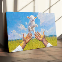 a lamb jumps into jesus arms christian wall art canvas (Landscape)