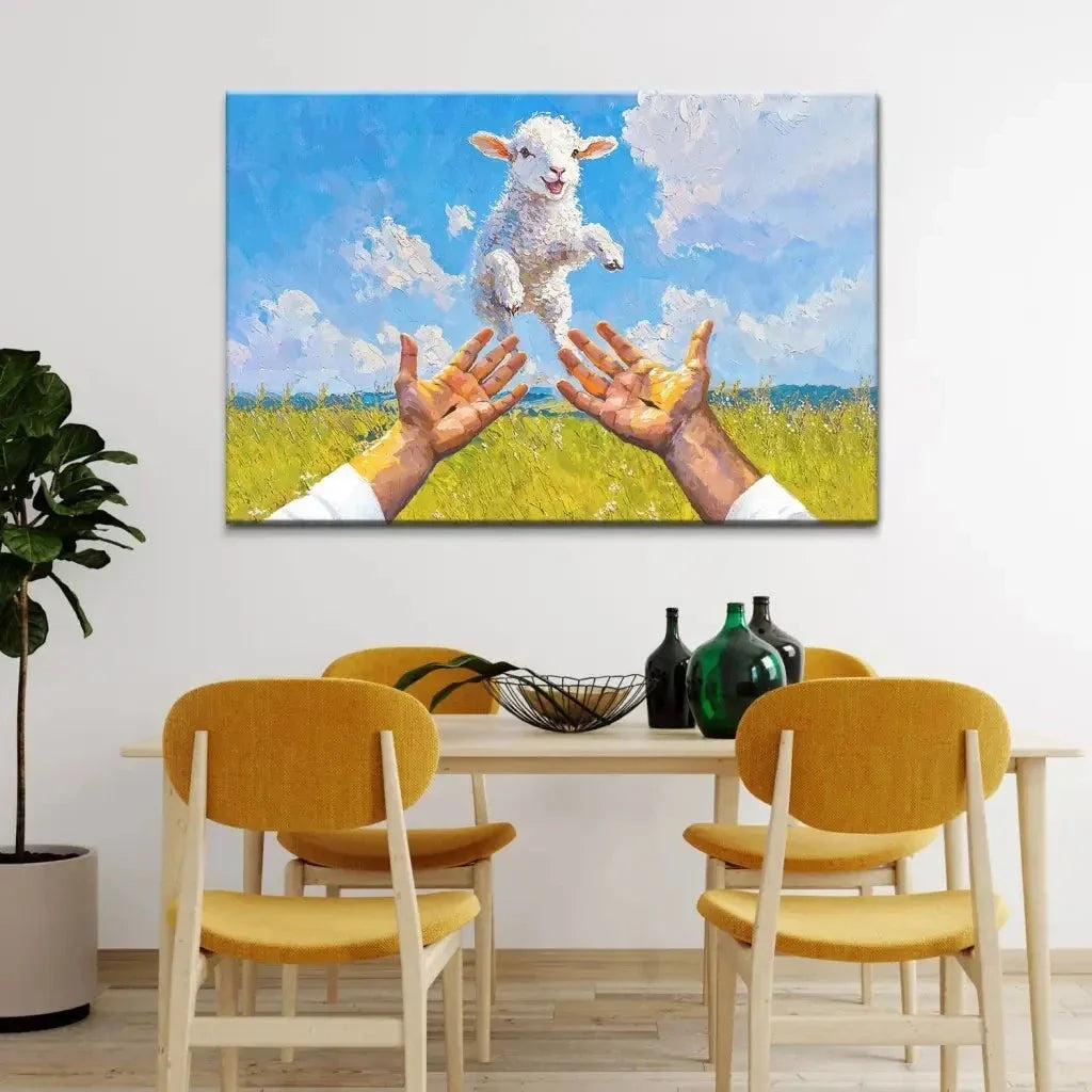 a lamb jumps into jesus arms christian wall art canvas (Landscape) (view 2)