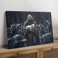 jesus the shepherd protects the lamb from the wolves canvas print (Landscape)
