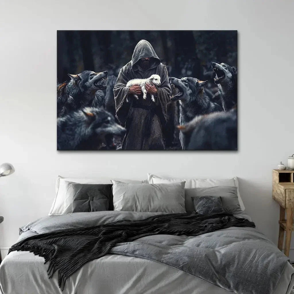 jesus the shepherd protects the lamb from the wolves canvas print (Landscape) (view 2)
