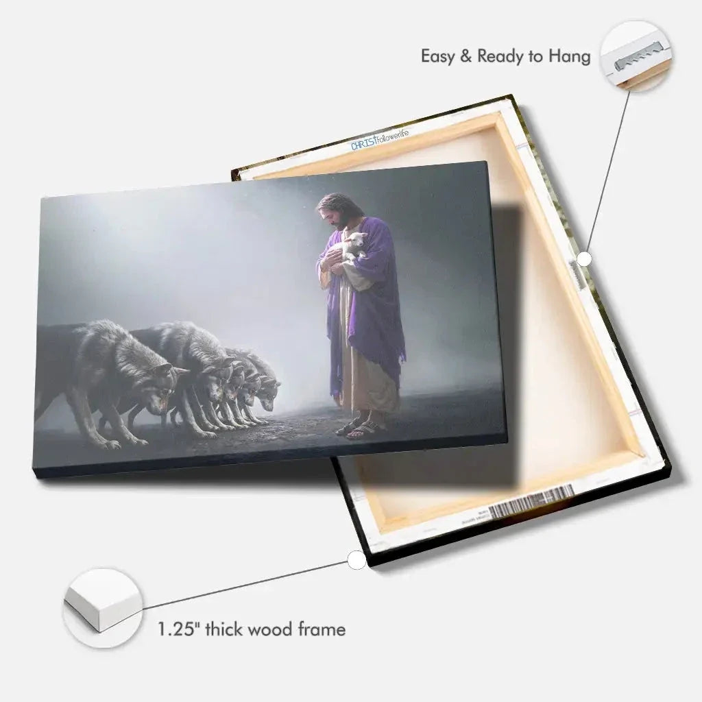 jesus holds a lamb as wolves bow down christian wall art canvas (view 6)