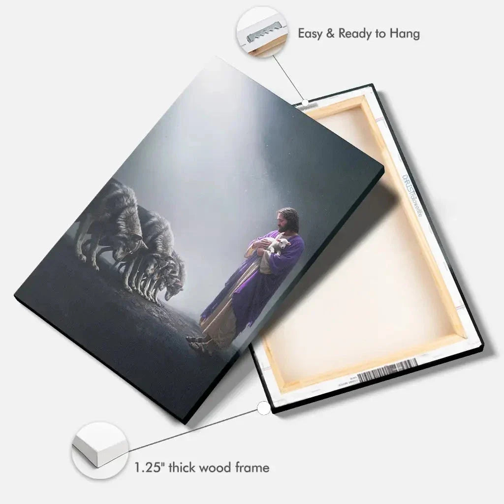 jesus holds a lamb as wolves bow down christian wall art canvas (view 7)