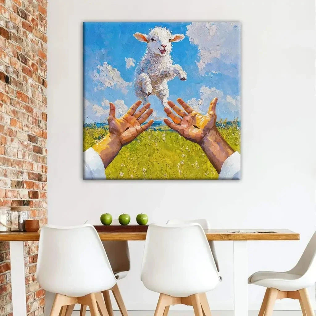 a lamb jumps into jesus arms christian wall art canvas (Landscape) (view 3)